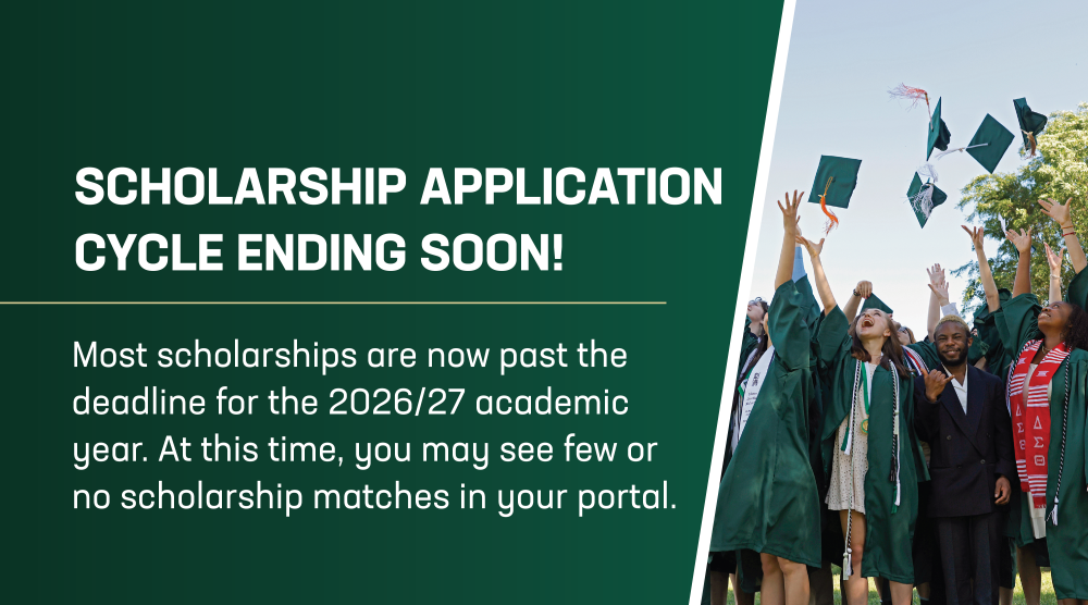 A graphic that states the scholarship application cycle for the 2026-2027 academic year will be ending soon.
