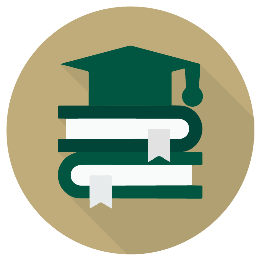 A graphic of a graduation cap on top of books.